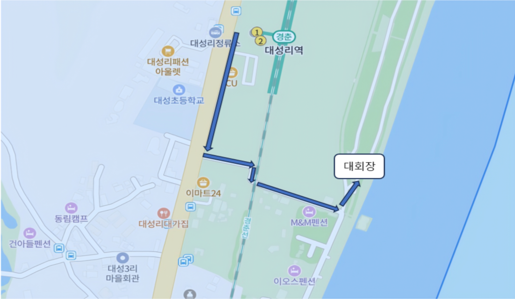 대성리 북한강 벚나무길 입구 오시는 길 약도